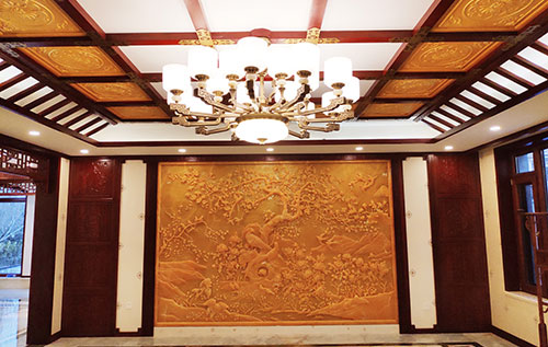 长安中式别墅客厅中式木作横梁吊顶装饰展示